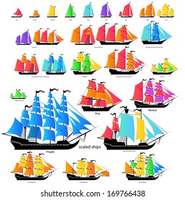 Vector ships set with separate editable elements. ALL TYPES of sailing ships. 