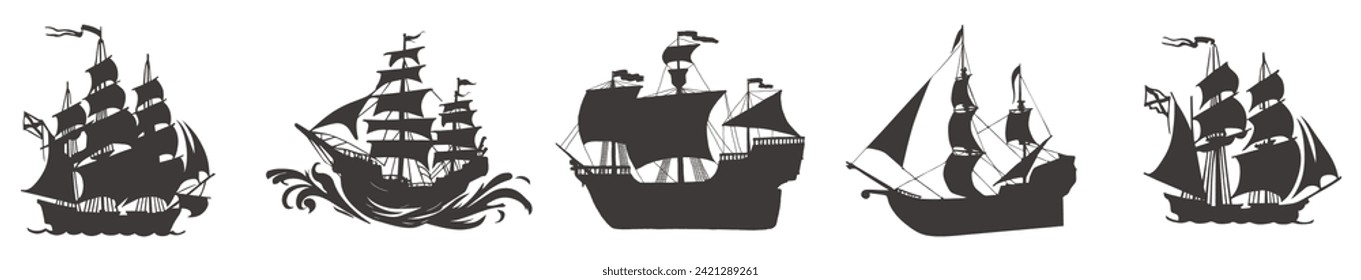 Vector ships set with separate editable elements. Pirate ships vector design.