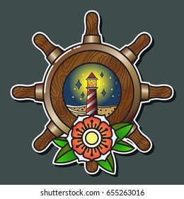 Vector Ship's Wheel with Flower and Lighthouse Composition