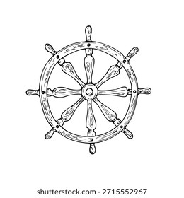 Vector ship's wheel helme. Hand painted linear nautical illustration. Graphic monochrome sketch isolated on background. For designers, prints, logo, icon, menu, postcards, holiday, covers