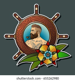 Vector Ship's Wheel with Sailor and Flower Composition