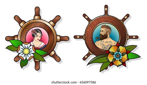 Vector Ship's Wheel Sailor and Lady 