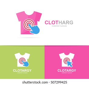 Vector shirt and click logo combination. Wear and cursor symbol or icon. Unique sale and print logotype design template.