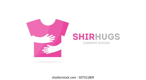 Vector shirt and hands logo combination. Wear and embrace symbol or icon. Unique sale and print logotype design template.