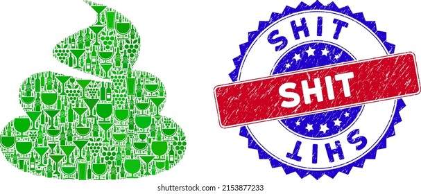 Vektor Scheiße Symbol Weincollage und Grunge bicolor Schit Siegel Stempel. Rote und blaue bicfarbene Stempel mit gekratztem Stil und Shit-Slogan. Shit-Mosaiksymbol, erstellt mit Weingläsern,