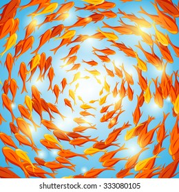 Vector shoal of fish illustration, underwater seascape design