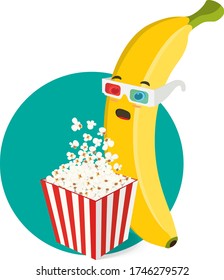 Vector shocked banana character in 3d glasses with popcorn box. Surprised yellow mascot with polarizing glasses.