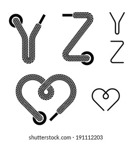 vector shoe lace alphabet letters Y Z heart