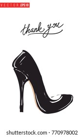 Vector shoe with motivational text: thank you. Fashion accessory illustration in glamour style for beauty salon, shop, blog print. Isolated symbol on white background.