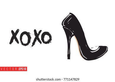 Vector shoe with motivational text: xoxo. Fashion accessory illustration in glamour style for beauty salon, shop, blog print. Isolated symbol on white background.