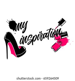 Vector shoe and nail polish image for printing isolated.