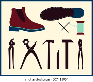 Vector shoe repair illustration. Set of shoemaker tools. Chelsea Boot in flat style.
 Tools shoe repair can be used as a workshop signboard. Icon service shoemaker. Footwear  handmade of cobbler.
