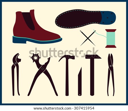 Vector shoe repair illustration. Set of shoemaker tools. Chelsea Boot in flat style.
 Tools shoe repair can be used as a workshop signboard. Icon service shoemaker. Footwear  handmade of cobbler.