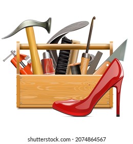 Vector Shoemaker Toolbox with Red Female Shoe isolated on white background