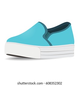 Vector shoes, blue slip-on, loafer on a high sole, isolated on white background