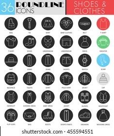 Vector shoes and clothes circle white black icon set. Modern line black icon design for web