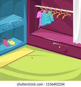 Vector Shoes Cupboard and dress room with jacket hanger, pair of shoes and white curtain for illustration Cartoon Interior ideas