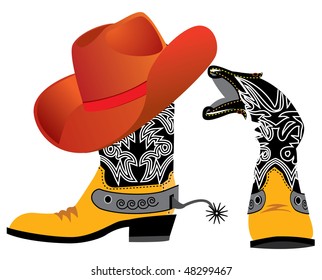 Vector shoes and hat for cowboy on white. Special clothes