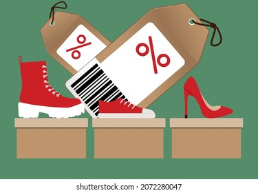 vector shoes on a box in a store. flat image
 several pairs of red women's shoes.  shoe sale