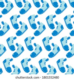 Vector shoes pattern. Blue background. Children's drawing. Suitable for packaging, postcards and textiles.