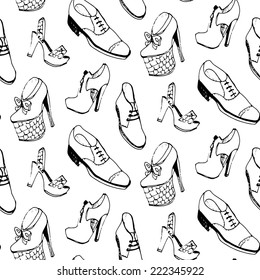 Vector shoes seamless pattern. Footwear endless texture in sketch style