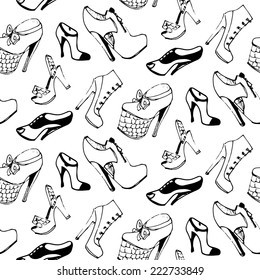 Vector shoes seamless pattern. Footwear endless texture in sketch style