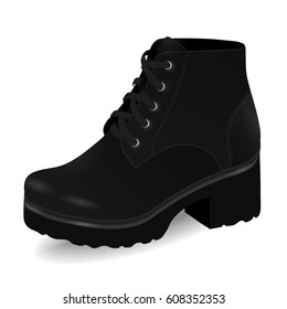 Vector shoes, women's black high boots on low-heeled with shoelaces, isolated on white background