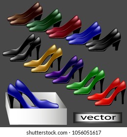Vector, shoes, women's shoes with high and low heels, red, blue, green, yellow, purple, black shoes, 3D, realistic illustrations.