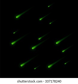 Vector Shooting Green Stars on Nignt Sky. Green Meteor Shower. Meteors Falling