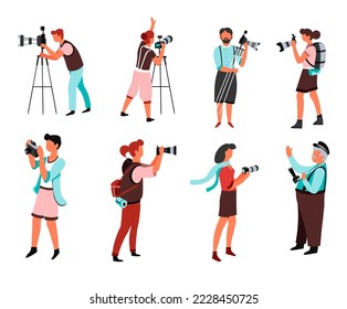 Vector shooting or photographing paparazzi or journalists tripod and bags with spare lenses photography and shots. Photo camera and photographers men and women with isolated male and female characters
