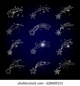 Vector shooting stars linear icons on starry sky background