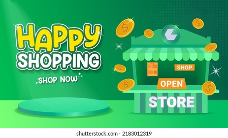 vector shop and 3D podium, coins with green gradient background, happy shopping, open a shop on social media for products, shopping places, shopping discounts and vouchers can be used for banners and 