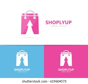 Vector of shop and arrow up logo combination. Sale and growth symbol or icon. Unique bag and store logotype design template.
