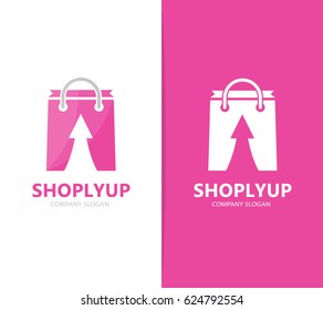 Vector of shop and arrow up logo combination. Sale and growth symbol or icon. Unique bag   logotype design template.