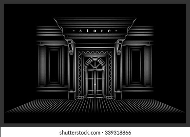 Vector Shop Boutique Store Front with Big Window and Place for Name Shop Front. Exterior horizontal windows empty for your store product presentation or design. Shop Front. Black Background. EPS 10 