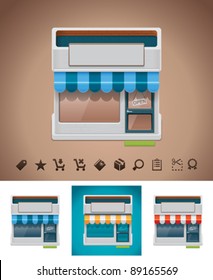 Vector shop building with awnings icon and related icon set