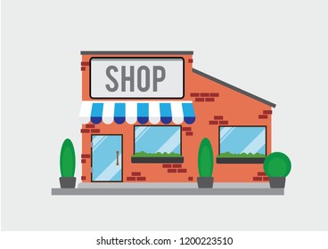 Vector Shop Building. Red Brick Standing Alone Shop With Plants.