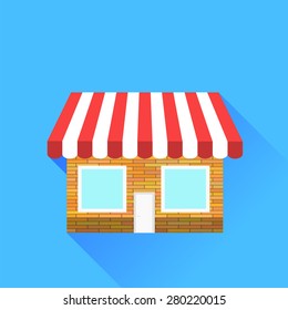 Vector Shop Icon Isolated on Blue Background. Long Shadow.