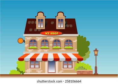 vector shop. little  retro shop on the street. vector illustration. trade building. piece of the city. town shop.