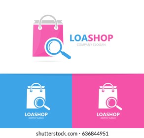 Vector of shop and loupe logo combination. Sale and magnifying glass symbol or icon. Unique bag and search logotype design template.