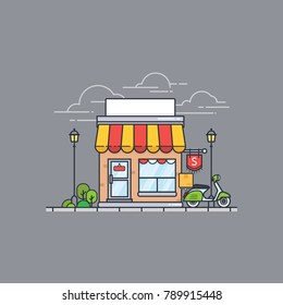 Vector shop or market. Flat store building with scooter on grey background. Flat cartoon style shop facade front view. Vector illustration