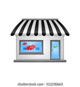 Vector shop or market with sale tag on store window. Isolated on white.