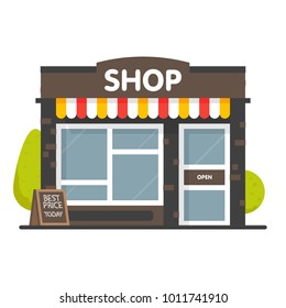 Vector Shop Or Market Store Front Exterior Facade, Vector Illustration Background.