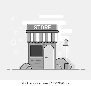 Vector shop or market store front exterior facade, illustration. Vector illustration in cartoon style. Shop facade landscape.
