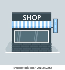 Vector Shop Or Market Store Front Exterior Facade, Vector Illustration On Sity Space Background.