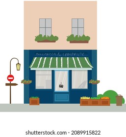 Vector shop, market store front exterior facade, vector illustration on white background