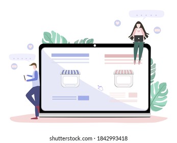 Vector - Shop online store on computer screen with buyer. Man and woman shopping on social network. Trendy digital technology, Business concept. Cartoon style.