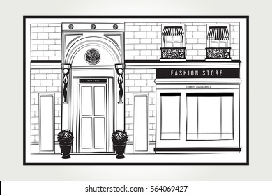 Vector shopfront detailed graphic illustration. Design vintage boutique facade. Modern fashion shop exterior with arch entrance, balcony, brick wall