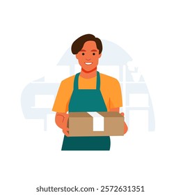 Vector of shopkeeper man show package ready to delivery