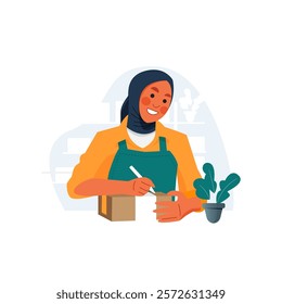 Vector of shopkeeper muslim woman preperation for her package to delivery